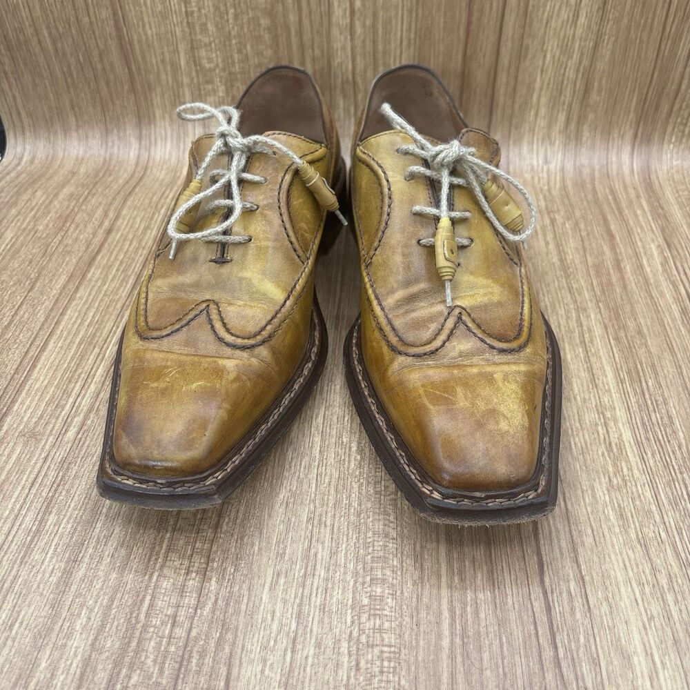 Soulier Men’s Dress Oxford Square Toe Leather Yellow Brown Italy EU 43 / Mens 10 - Picture 3 of 11